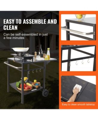 Outdoor Grill Prep Cart, Double-Shelf Folding Iron Table with Wheels, Carry Handle, for BBQ & Pizza Oven
