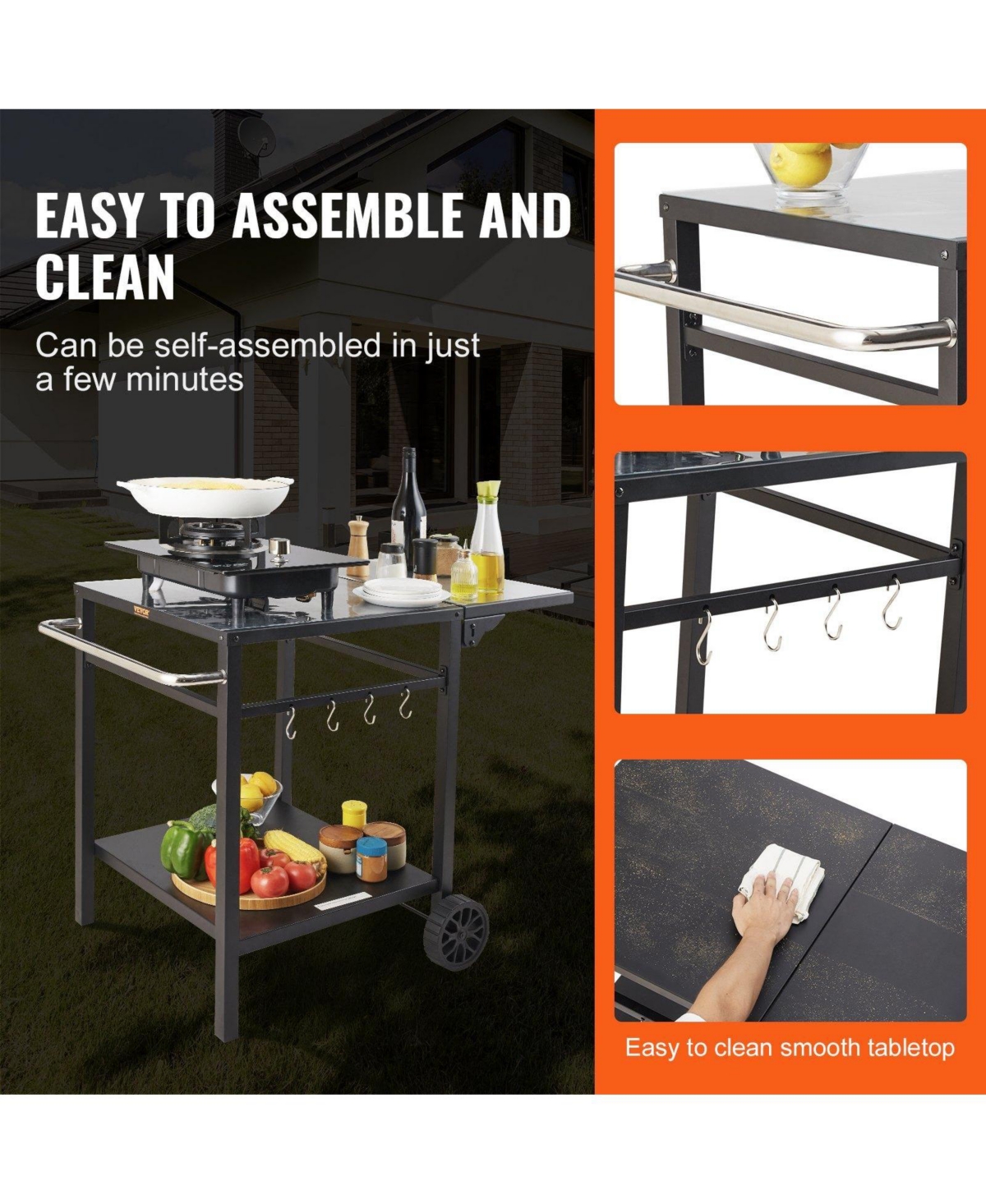 Mecale Outdoor Grill Prep Cart, Double-Shelf Folding Iron Table with Wheels, Carry Handle, for Bbq & Pizza Oven
