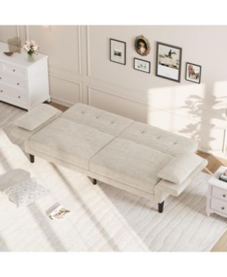 89" Chenille Futon Sofa Bed, Modern Convertible Sleeper Couch with Adjustable Backrest & Armrests, 3-Seat Sofa with 2 Pillows for Apartment