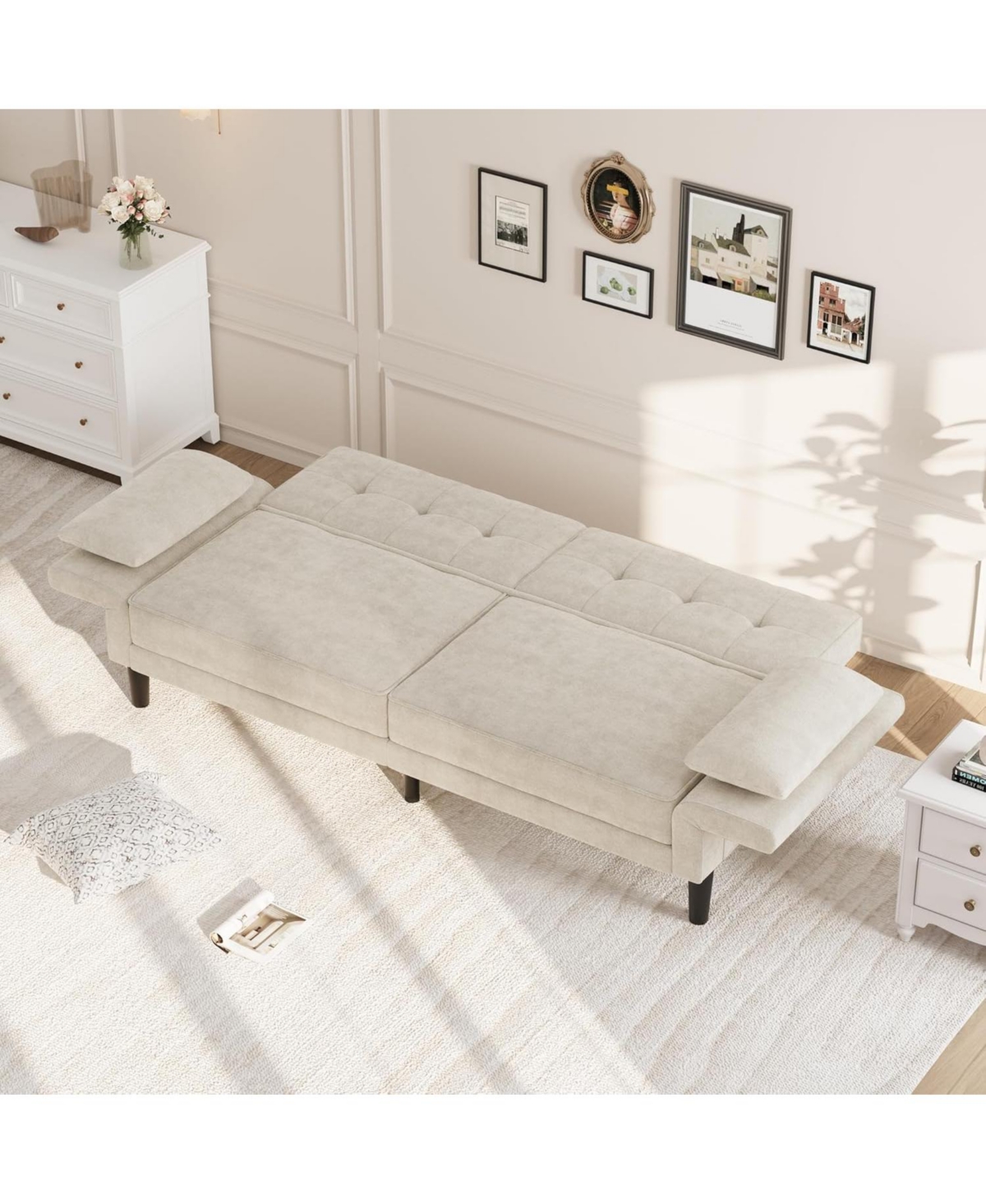 gaomon 89" Chenille Futon Sofa Bed, Modern Convertible Sleeper Couch with Adjustable Backrest & Armrests, 3-Seat 2 Pillows for Apartmen