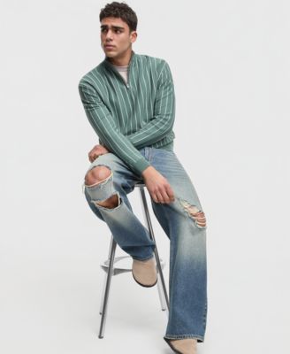 Men's Relaxed-Fit Long-Sleeve Stripe Quarter-Zipper Sweater