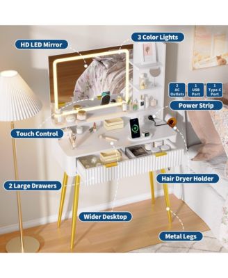 31 in Small Makeup Vanity Desk, Mid Century Modern Vanity Table with Mirror and Lights, Dressing Table with Storage Cabinet & 2 Drawers