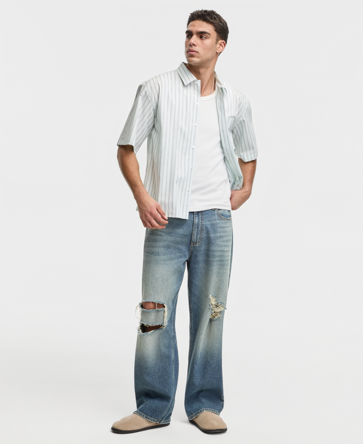 Mode of One Men's Boxy-Fit Striped Short-Sleeve Shirt, Macy's Exclusive