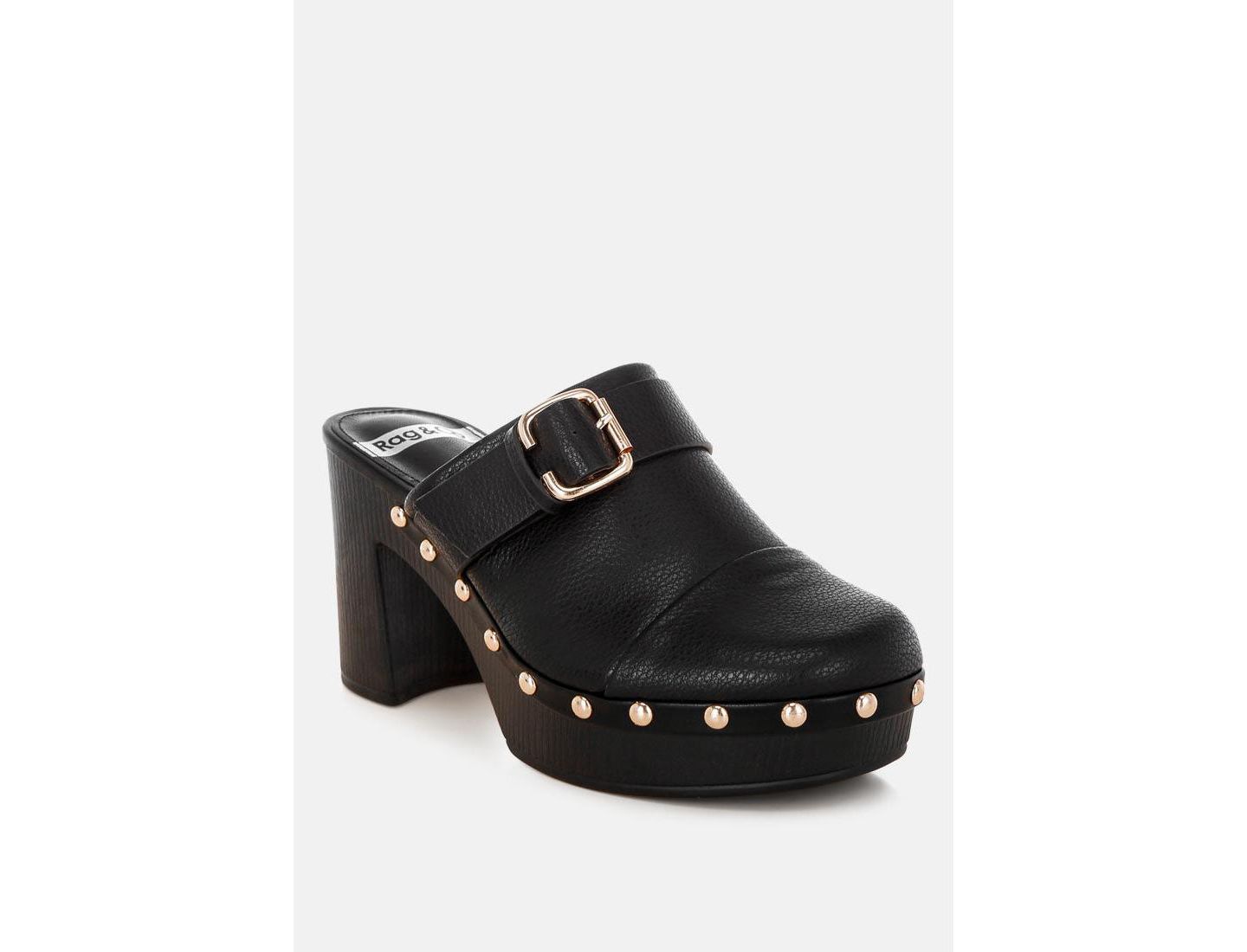Женские сабо Rag & Co Septim Genuine Leather Studded Clog Heels, цвет: Чёрный кожаный — фото 1