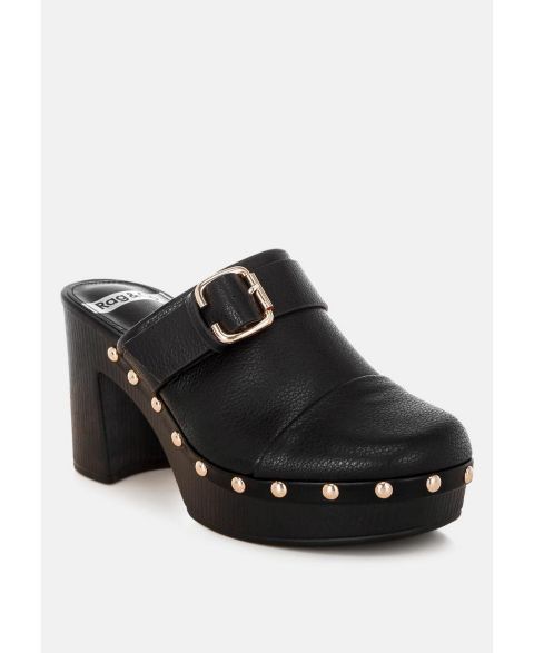 Женские сабо Rag & Co Septim Genuine Leather Studded Clog Heels, цвет: Чёрный кожаный