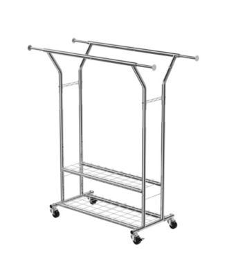 Rolling Clothes Rack with 2 Hanging Rods & 2 Shelves, Adjustable Height, 264 lb Capacity, Carbon Steel Garment Rack with Wheels