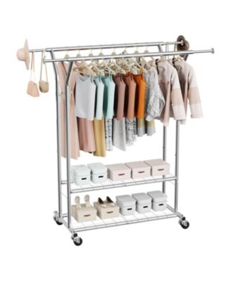 Rolling Clothes Rack with 2 Hanging Rods & 2 Shelves, Adjustable Height, 264 lb Capacity, Carbon Steel Garment Rack with Wheels