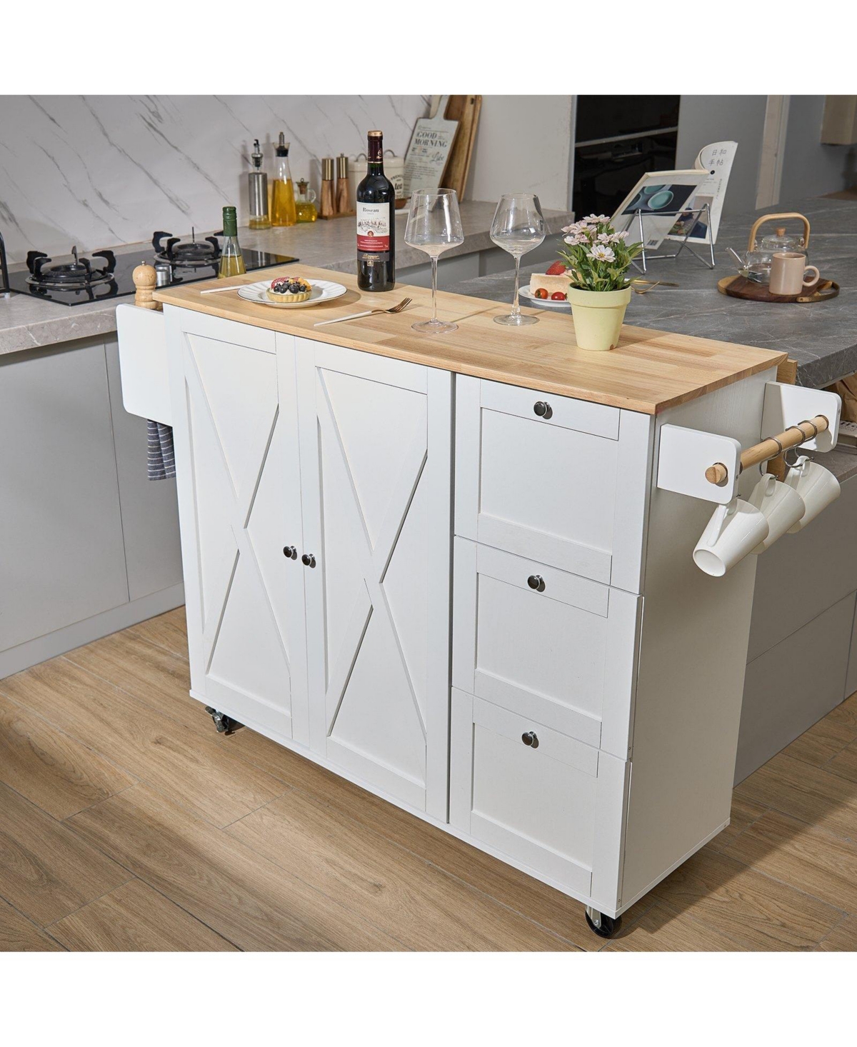 Volenca Kitchen Island Cart with Solid Wood Top, 45.3" Wide, Storage Cabinet, Drop Leaf, Drawer, Spice Rack, Towel Rack, Rolling, White