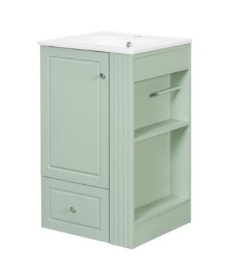 20-Inch MDF Freestanding Bathroom Vanity with Ceramic Sink, Soft-Close Drawer, Open Shelves, Single Faucet Hole