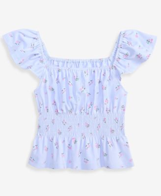 Girls' 7-16 Smocked Floral Print Top
