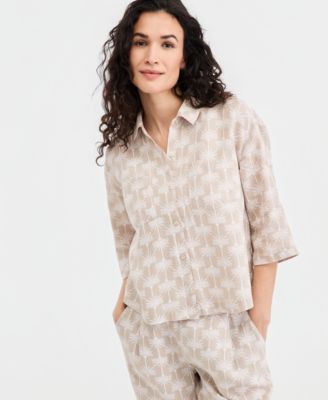 Women's 100% Linen Print Roll-Tab Camp Shirt