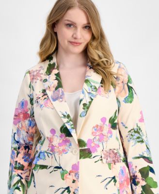 Plus Size Floral Print Single-Button Blazer 