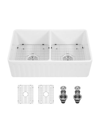 huluwat 33x20x10inch White Farmhouse Sink Ceramic Porcelain Double Bowl Reversible Design