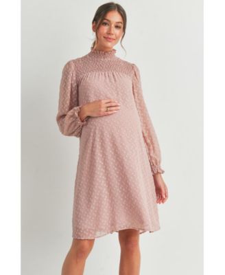 Maternity Smocked Neck Long Sleeve Textured Dot Dress