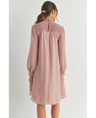 Maternity Smocked Neck Long Sleeve Textured Dot Dress