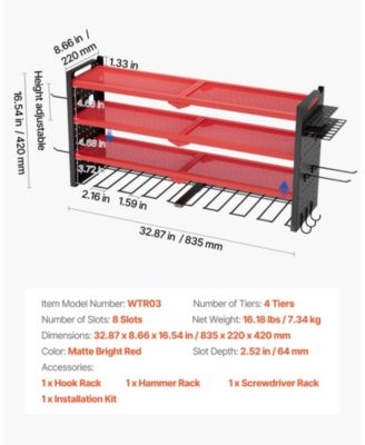 Wall-Mount Power Tool Organizer, 4-Tier Storage Rack with 8 Drill Holders, Side Pegboards, Garage Tool Storage Rack