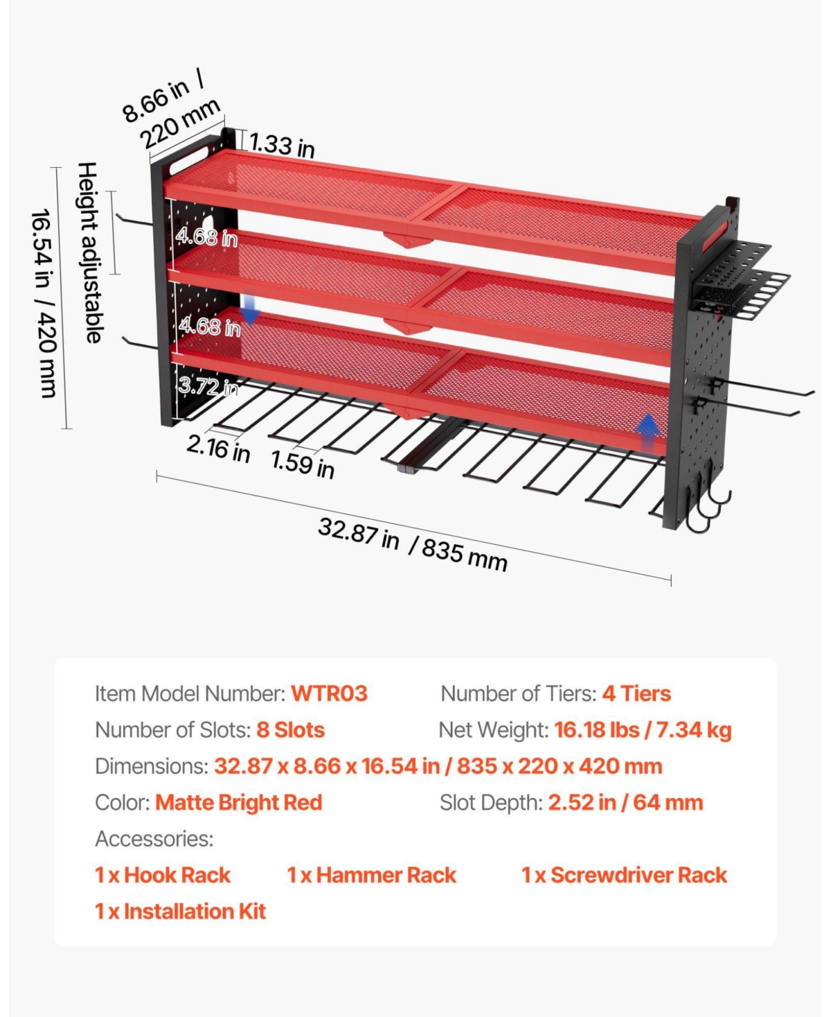 Mecale Wall-Mount Power Tool Organizer, 4-Tier Storage Rack with 8 Drill Holders, Side Pegboards, Garage Tool Storage Rack