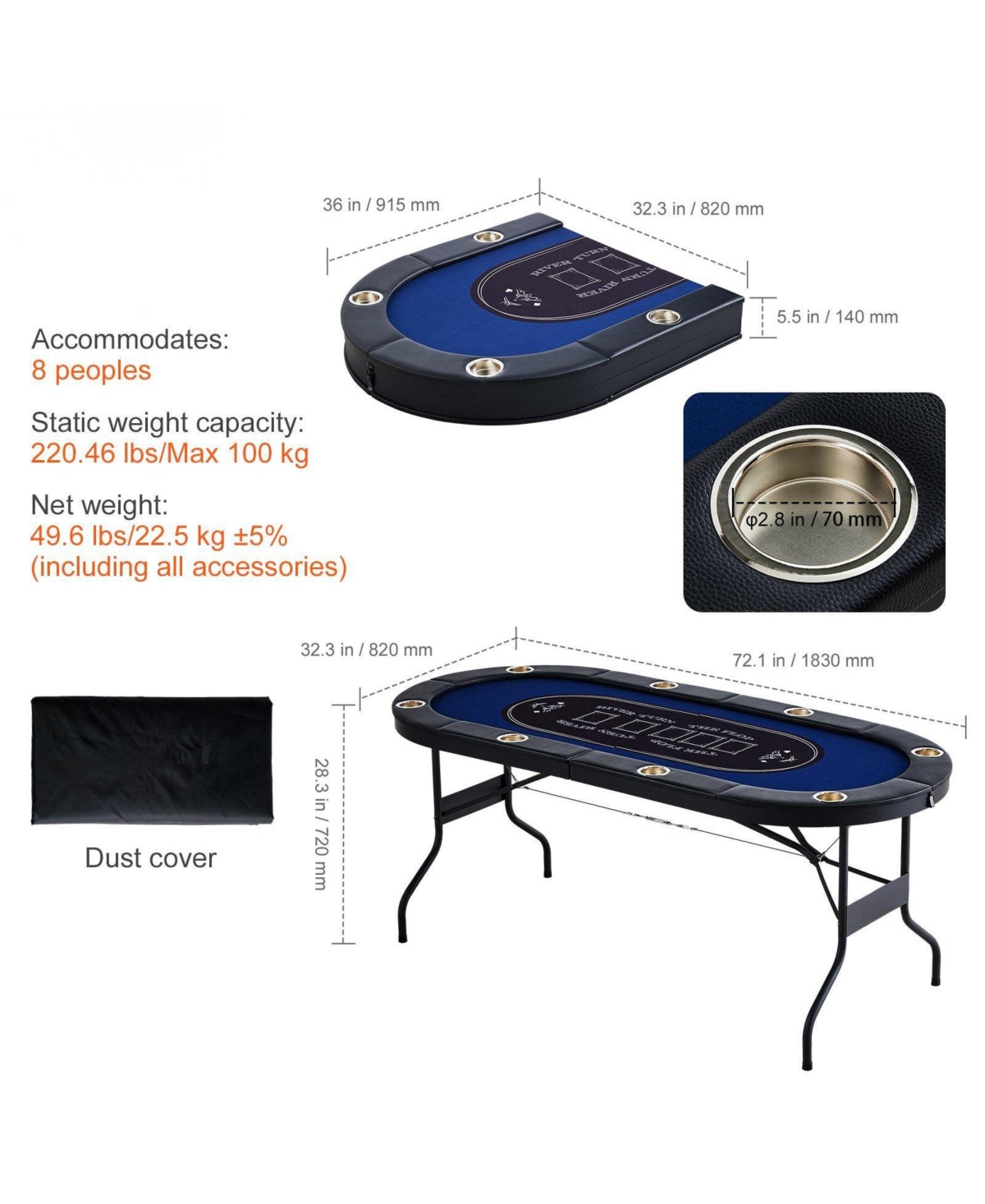 Mecale 72" Oval Foldable Poker Table for 8 Players, Padded Rails, Stainless Steel Cup Holders, Portable Card & Game Table