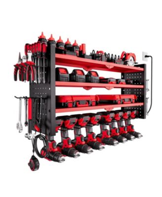 Power Tool Organizer with Charging Station, 4-Tier Wall Rack with 8 Drill Holders, Side Pegboard, Built-In 8-Outlet Power Strip