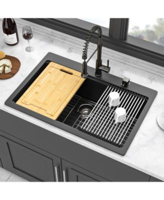 33x22x9.65 Inch Black Granite Composite Quartz Workstation Drop In Kitchen Sink