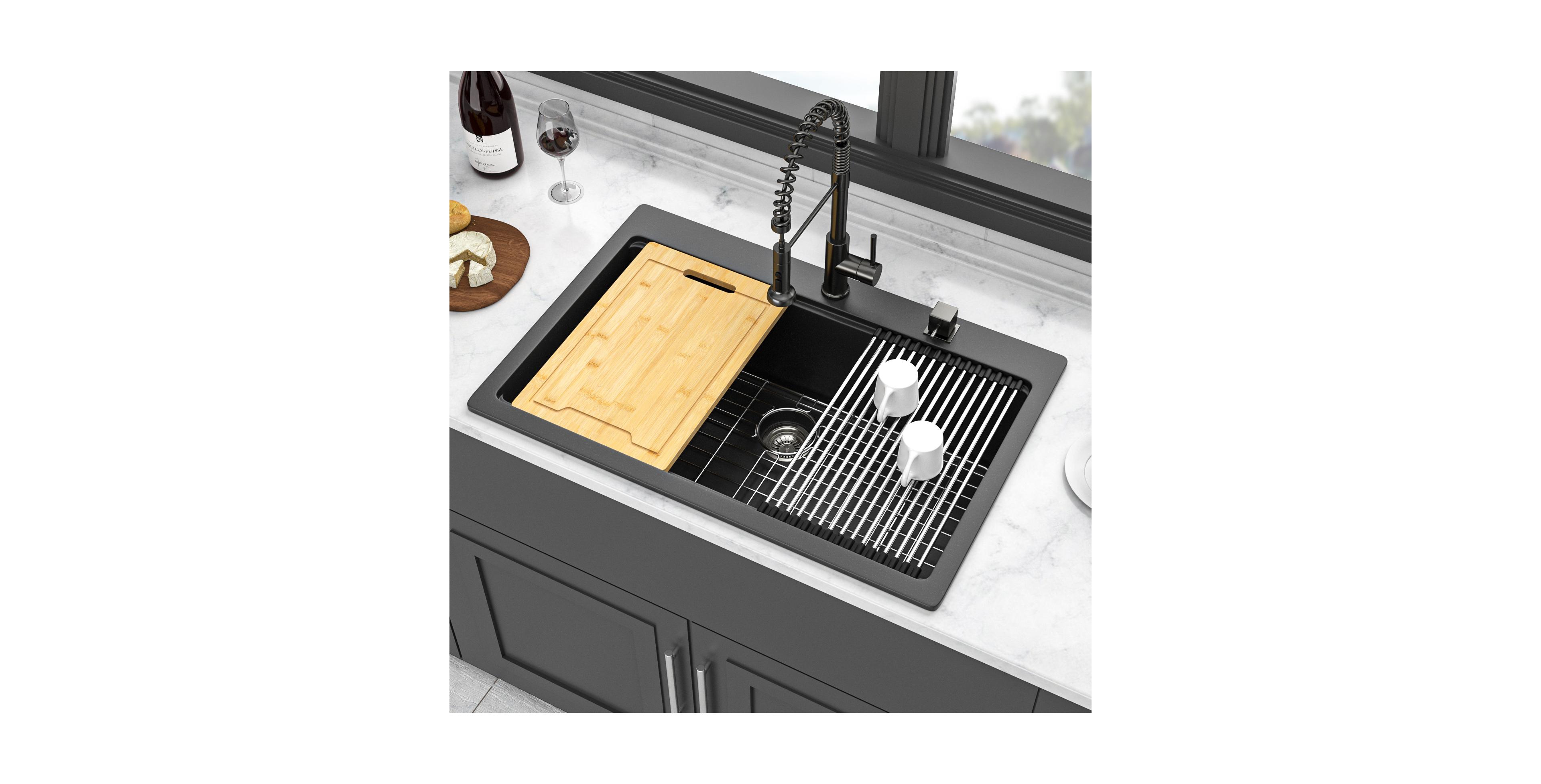 flynama 33x22x9.65 Inch Black Granite Composite Quartz Workstation Drop In Kitchen Sink