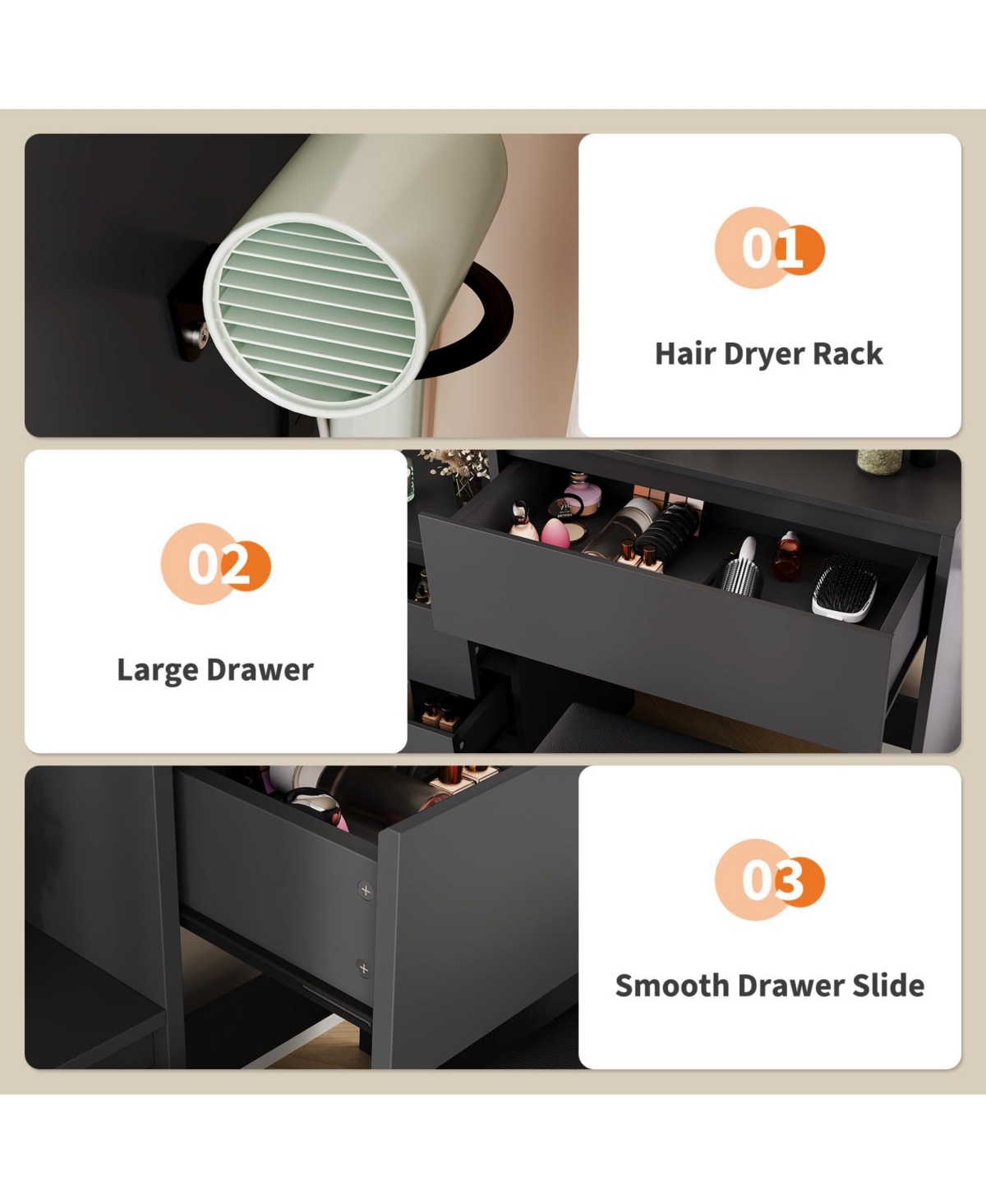 gaomon Vanity Set with Mirror and Adjustable Lights, Makeup Table Built-in Charging Station, Desk 4 Drawers,