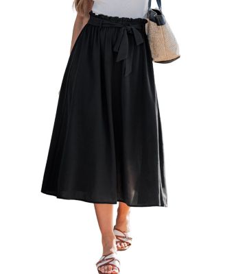 Women's Paperbag Waist A-Line Midi Skirt with Belt Elastic Waistband
