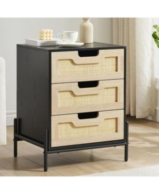 Rattan Nightstand with 3 Drawers, Storage Night Table, Bedside Cabinet with Shelves for Bedroom, Living Room