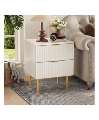 Modern Nightstand With 2 Drawers Golden And Wood Fluted Night Stand With Charging Station Bedside Table With USB Ports