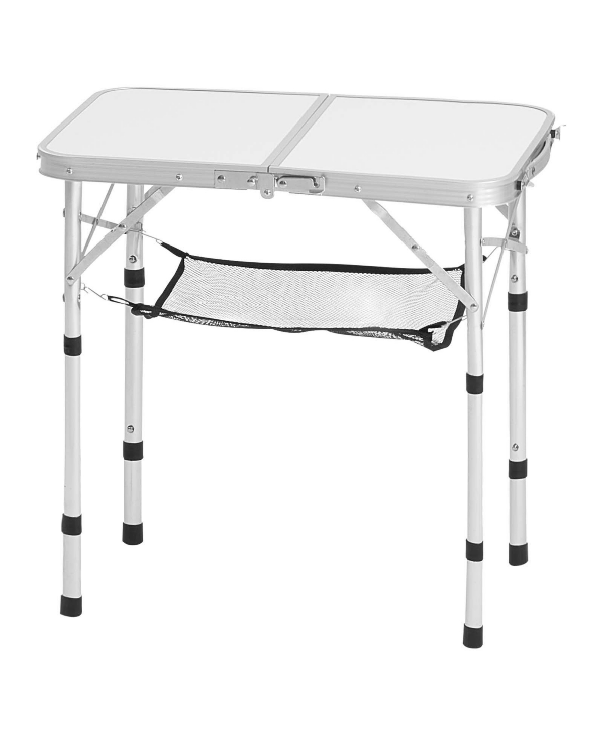 Mecale Folding Camping Table, Adjustable Height Aluminum & Mdf with Mesh Shelf, Carry Handle, 24x16", Silver