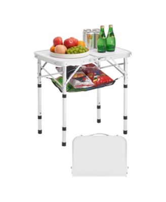 Folding Camping Table, Adjustable Height Aluminum & MDF with Mesh Shelf, Carry Handle, 24x16", Silver