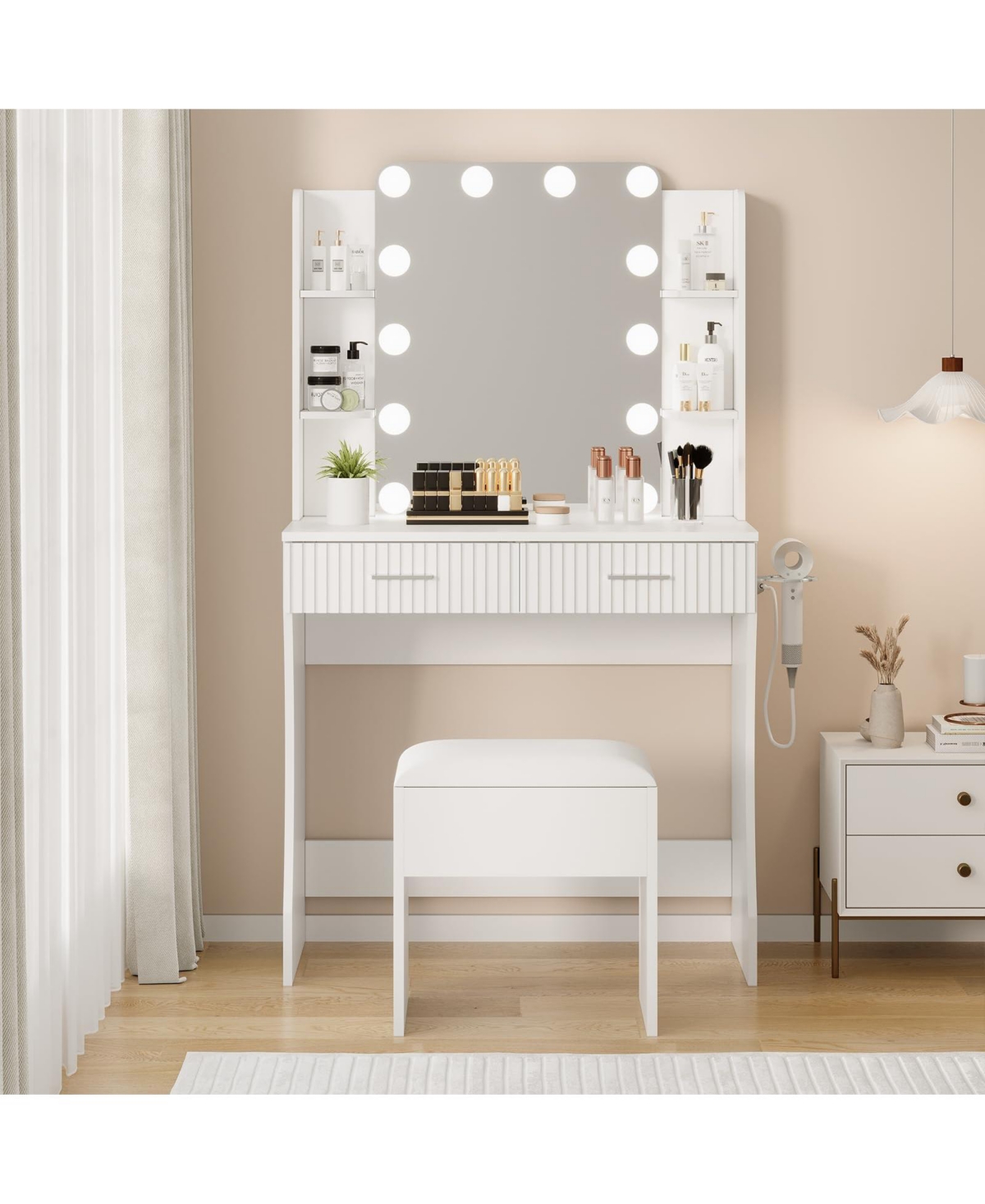 gaomon Dressing Table with 12 Led Mirror and Stool,Modern Vanity Desk Power Outlet,2 Drawers 6 Shelve for Cosmetics Storage
