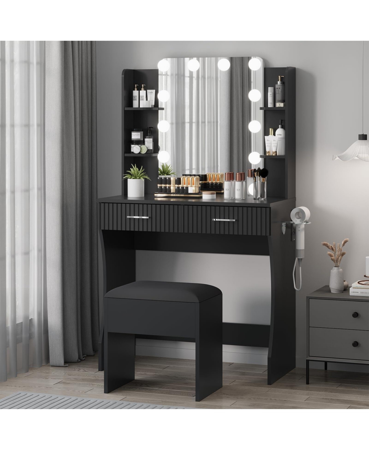 gaomon Dressing Table with 12 Led Mirror and Stool,Modern Vanity Desk Power Outlet,2 Drawers 6 Shelve for Cosmetics Storage