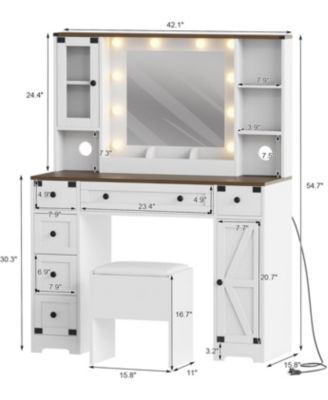 Makeup Vanity and Stool - Vanity Desk with Lights in 3 Colors - Vanity Table with Charging Station - 6 Drawers and Cabinets