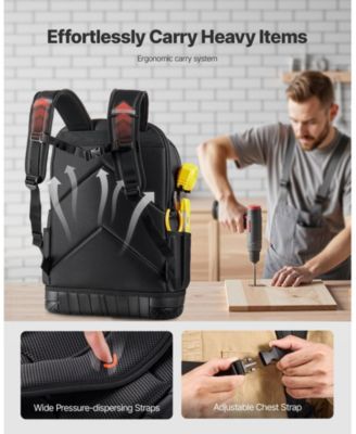 Tool Backpack with Tools, 65 Pockets, Heavy-Duty Tool Organizer with Laptop Compartment & Molded Base, Jobsite Backpack