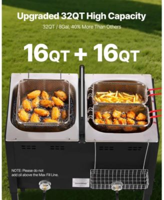 Outdoor Propane Deep Fryer, Dual-Tank 16QT x2, Stainless Steel Fryer with 3 Baskets, Thermometer, 50,000 BTU, Floor Standing