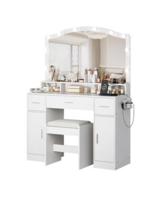 Vanity Desk with Mirror, LED Lights and Power Strip, Makeup Vanity Table with 5 Drawers, Dressing Table for Bedroom Dressing Room