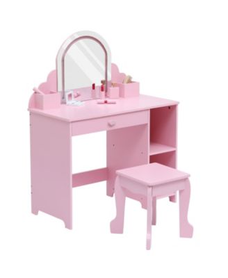 Kids Vanity with Lighted Mirror & Stool, Little Girls Vanity with Adjustable LED Light