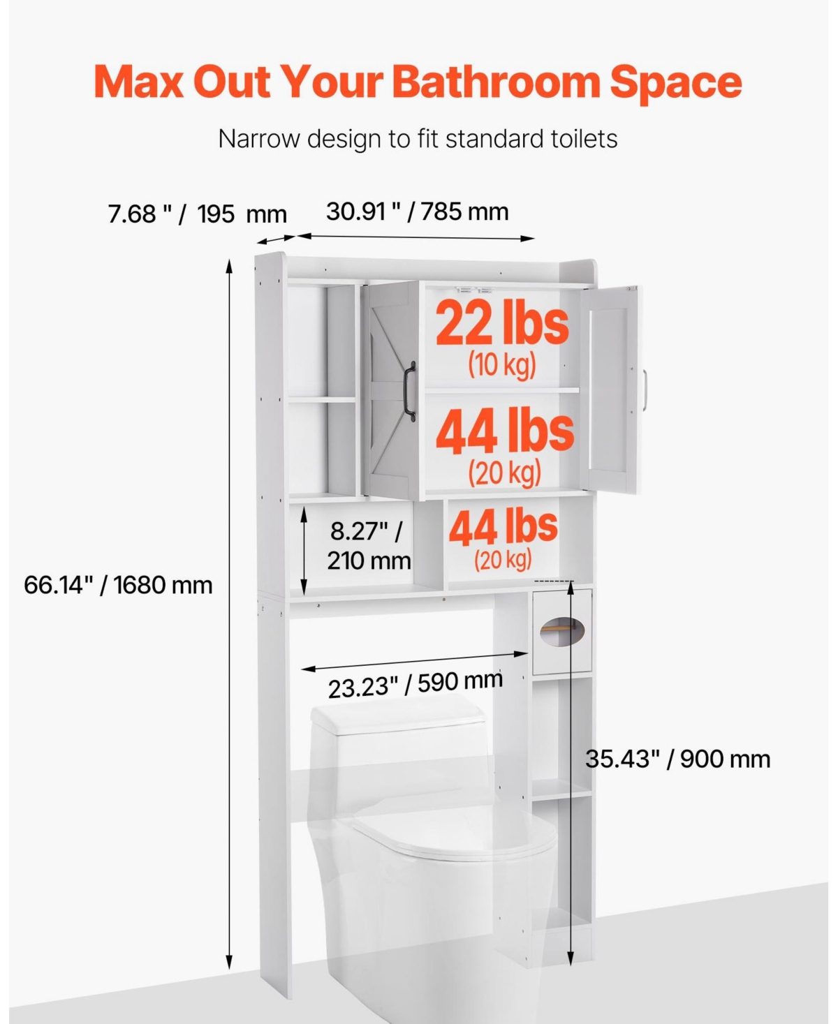 Volenca Over-the-Toilet Storage Cabinet, 66.14" Bathroom Space Saver with Double Doors, Adjustable Shelf & Open Shelf, White