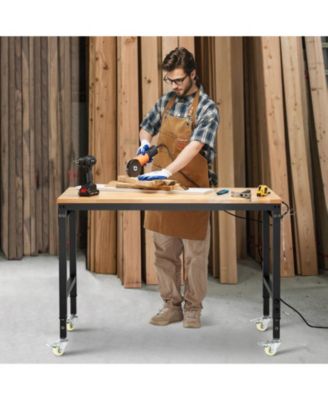 48" Adjustable Workbench, 2000 lb Load, Oak Wood Top Work Table with Power Outlet, Pegboard & Wheels, Heavy-Duty Work Bench