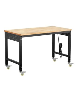 48" Adjustable Workbench, 2000 lb Load, Oak Wood Top Work Table with Power Outlet, Pegboard & Wheels, Heavy-Duty Work Bench