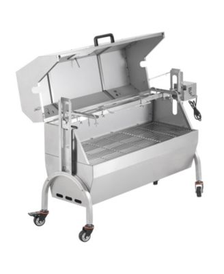 46" Rotisserie Charcoal Spit Grill with Hooded Cover, 132 lb Capacity, 52W Electric Motor, Stainless Steel Roaster, Lockable Wheels