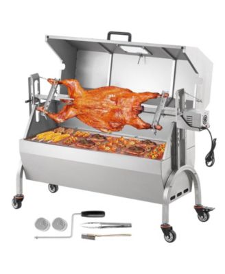 46" Rotisserie Charcoal Spit Grill with Hooded Cover, 132 lb Capacity, 52W Electric Motor, Stainless Steel Roaster, Lockable Wheels