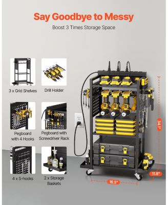 4-Tier Tool Organizer Cart with Charging Station, 8 AC Outlets, Rolling Drill Holder & Tool Battery Storage Rack, Wheels, Garage Use