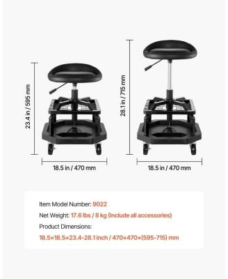 Pneumatic Rolling Shop Stool, Adjustable Height Garage Work Stool, 300 lb Capacity, 360° Swivel Padded Seat with Casters