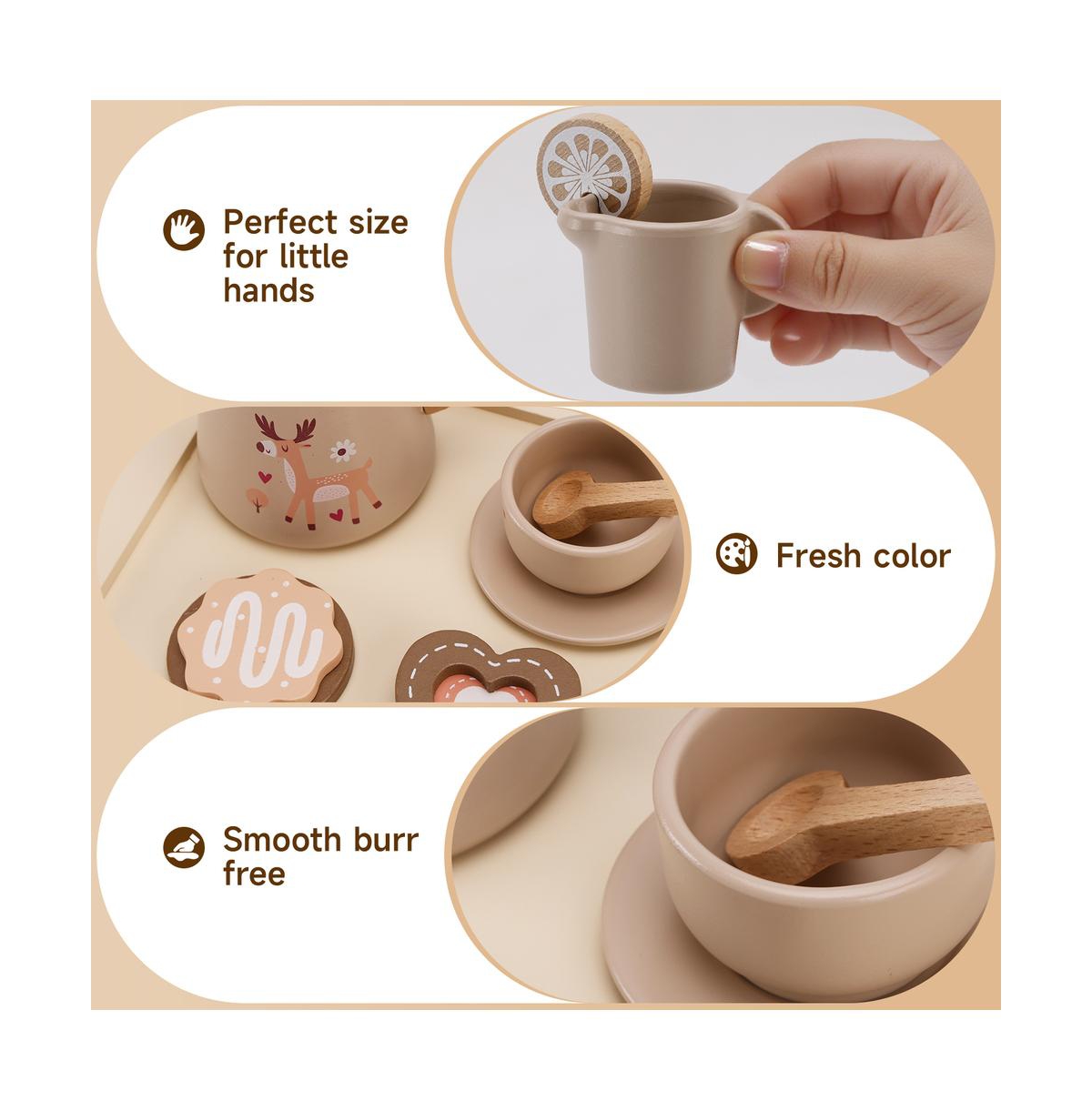 Bruce & Shark 13-Piece Wooden Tea Set with Teapot, Cups & Treats, Child-Safe Gift