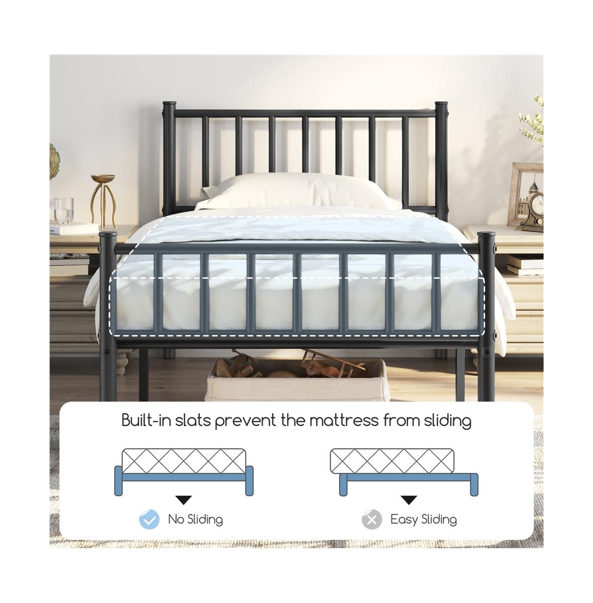 Yaheetech Twin Size 12-Slat Metal Bed Frame with Spindle Headboard, Footboard, 13 Inches Underbed Storage, Black