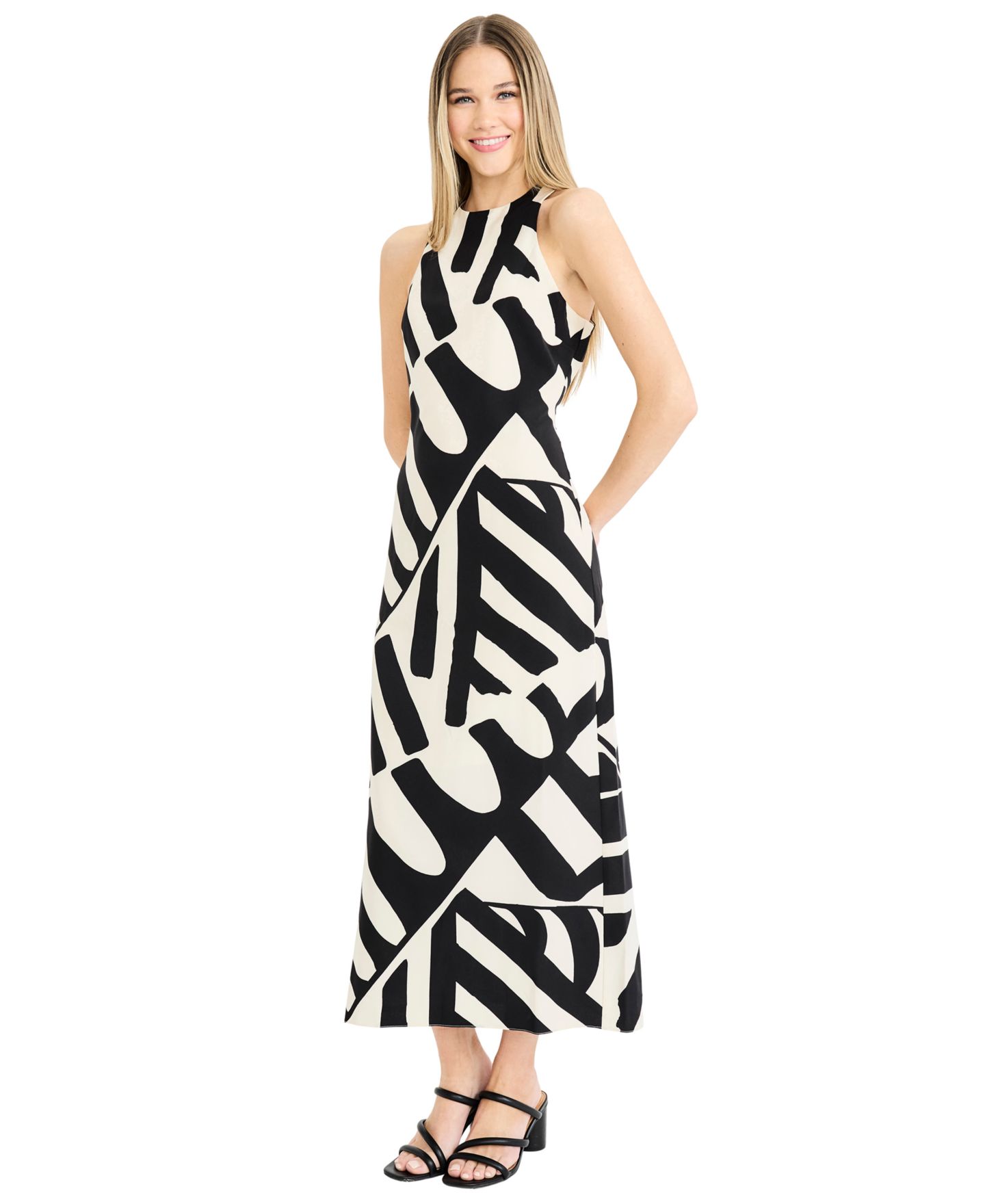 Женское платье Donna Morgan Printed Halter Neck Midi, цвет: Кремовый / Чёрный — фото 2