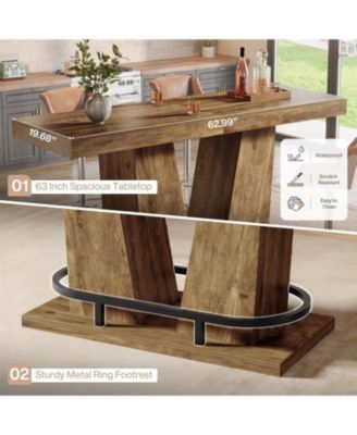 62.99" Industrial Bar Table for 4-6, Rectangle Counter Height Pub Table with Metal Footrest, Home Bar Units