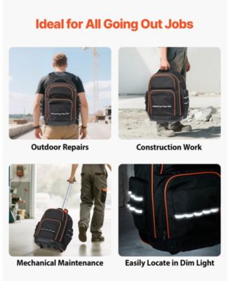 Rolling Tool Backpack on Wheels, 110 lb Capacity, 45 Pockets, Heavy-Duty Tool Organizer, Telescoping Handle, Stable Base
